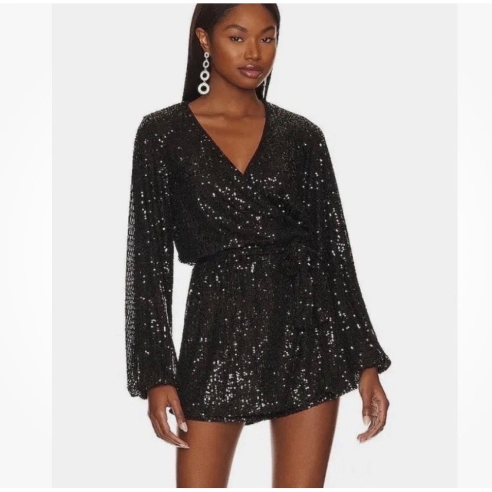 Free People Small Black Christa Sequin Romper Flare Sleeve Party Festive